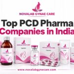 Pink and white Novalab Gynae Care banner featuring branded pharmaceutical product packaging and the text “Top PCD Pharma Companies in India.