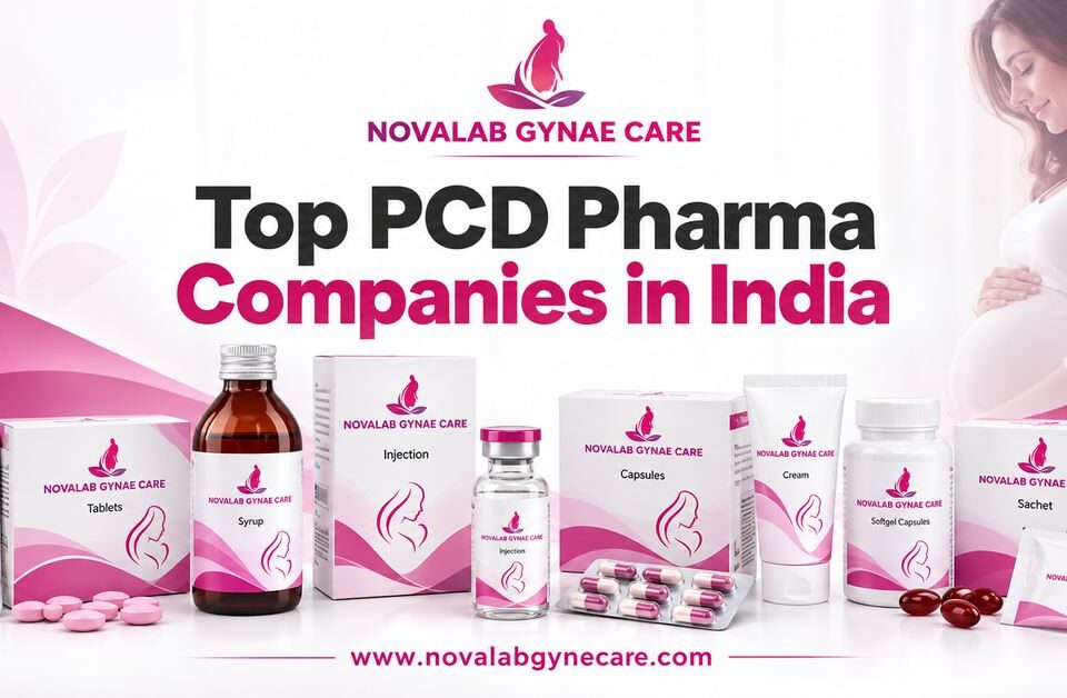Pink and white Novalab Gynae Care banner featuring branded pharmaceutical product packaging and the text “Top PCD Pharma Companies in India.