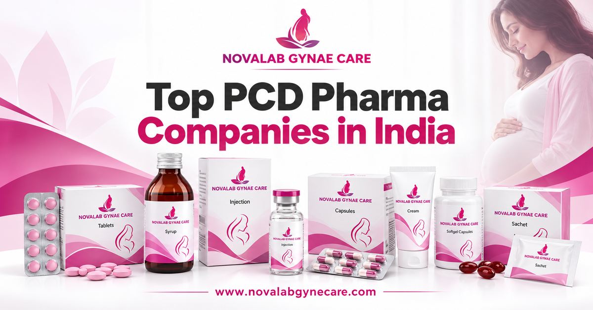 Pink and white Novalab Gynae Care banner featuring branded pharmaceutical product packaging and the text “Top PCD Pharma Companies in India.